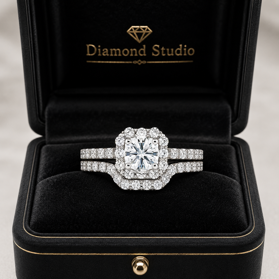 1.25 CT Round Lab-Grown Diamond 2PCS Halo Bridal Set in 14K White Gold – Square Halo Wedding Ring Design