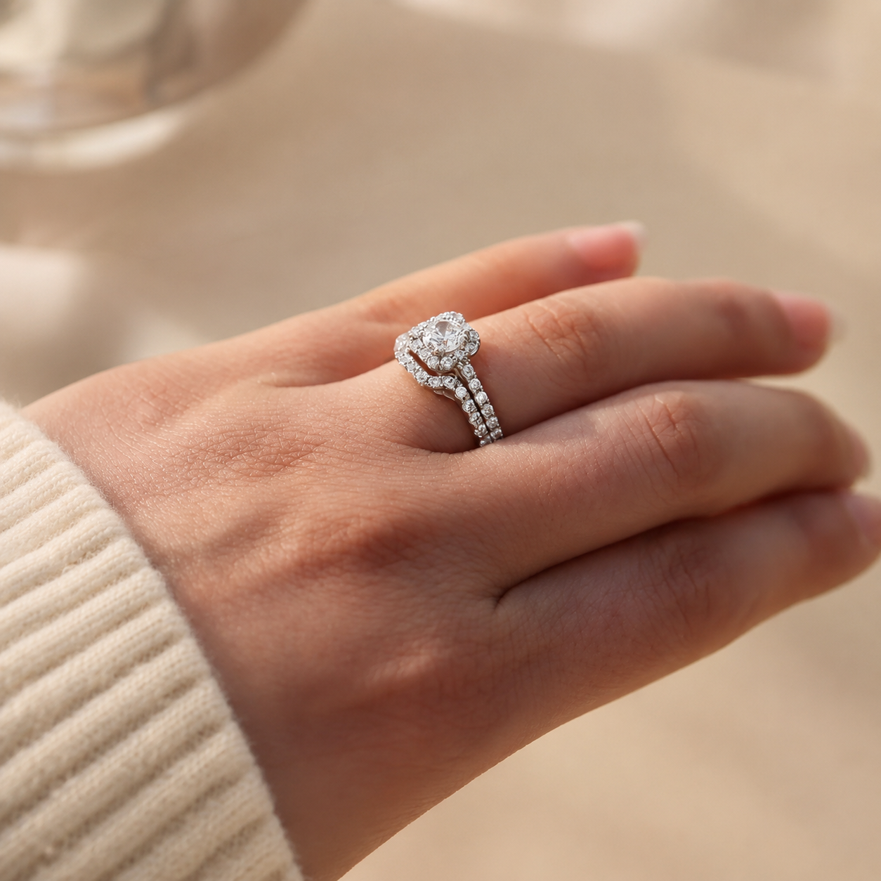 1.25 CT Round Lab-Grown Diamond 2PCS Halo Bridal Set in 14K White Gold – Square Halo Wedding Ring Design