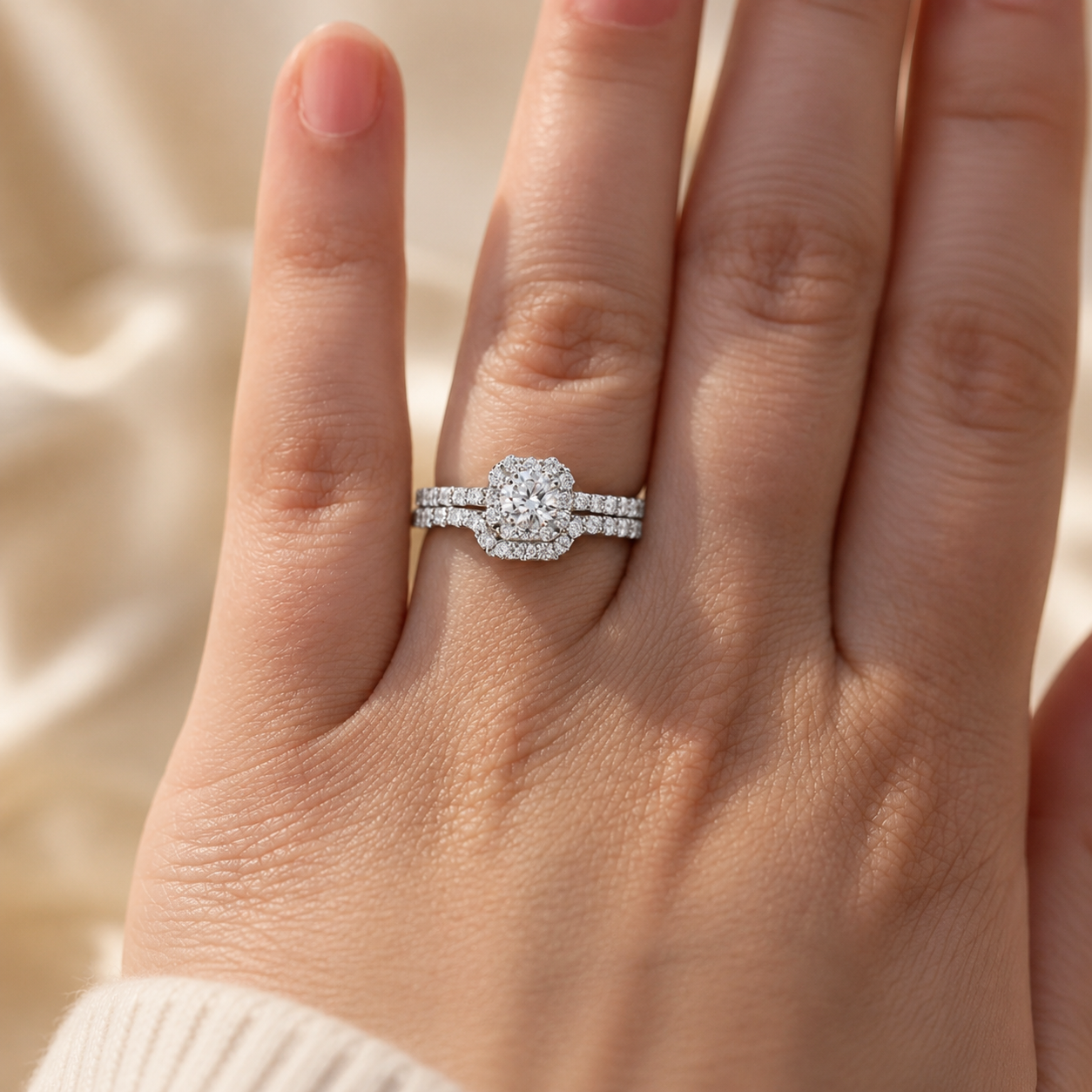 1.25 CT Round Lab-Grown Diamond 2PCS Halo Bridal Set in 14K White Gold – Square Halo Wedding Ring Design