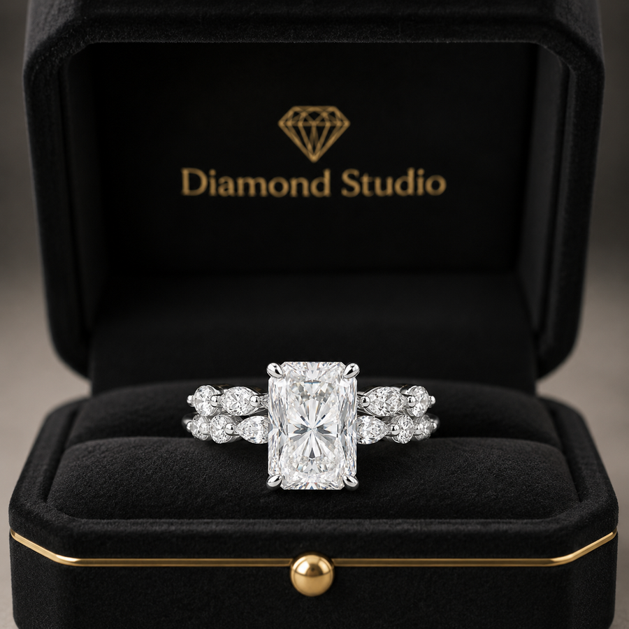 4.00 CT Radiant Cut Lab-Grown Diamond 2PCS Hidden Halo Bridal Set in 14K White Gold – Marquise Full Eternity Wedding Band Design