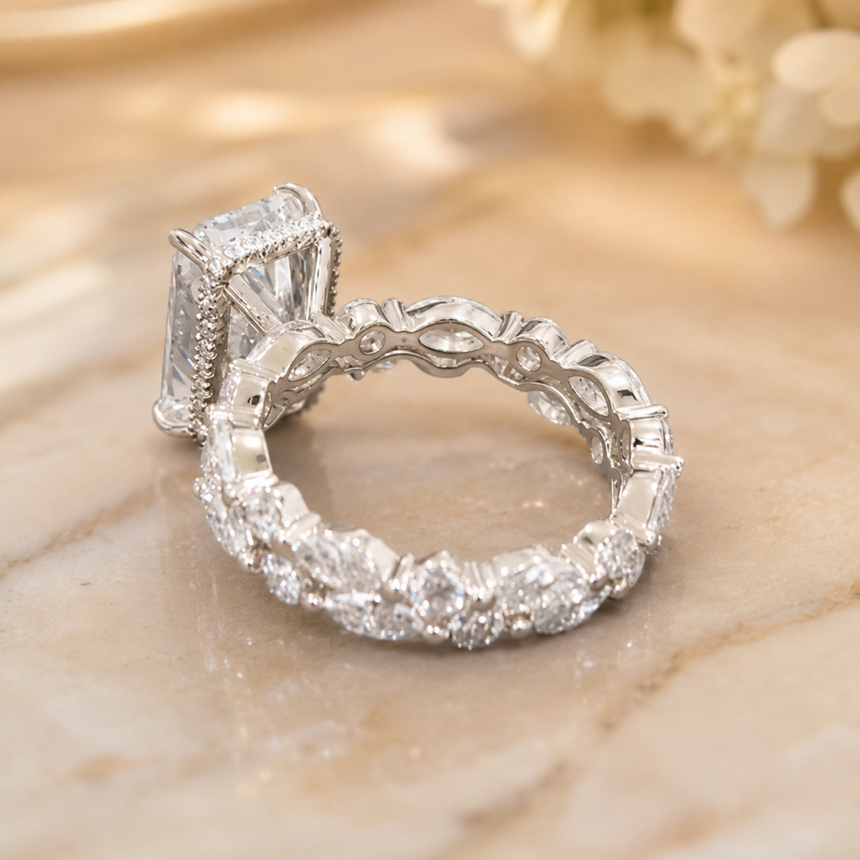 4.00 CT Radiant Cut Lab-Grown Diamond 2PCS Hidden Halo Bridal Set in 14K White Gold – Marquise Full Eternity Wedding Band Design
