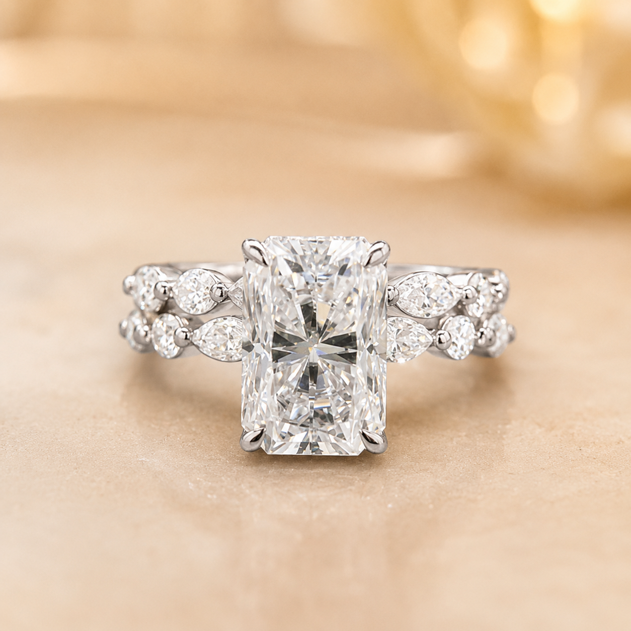 4.00 CT Radiant Cut Lab-Grown Diamond 2PCS Hidden Halo Bridal Set in 14K White Gold – Marquise Full Eternity Wedding Band Design