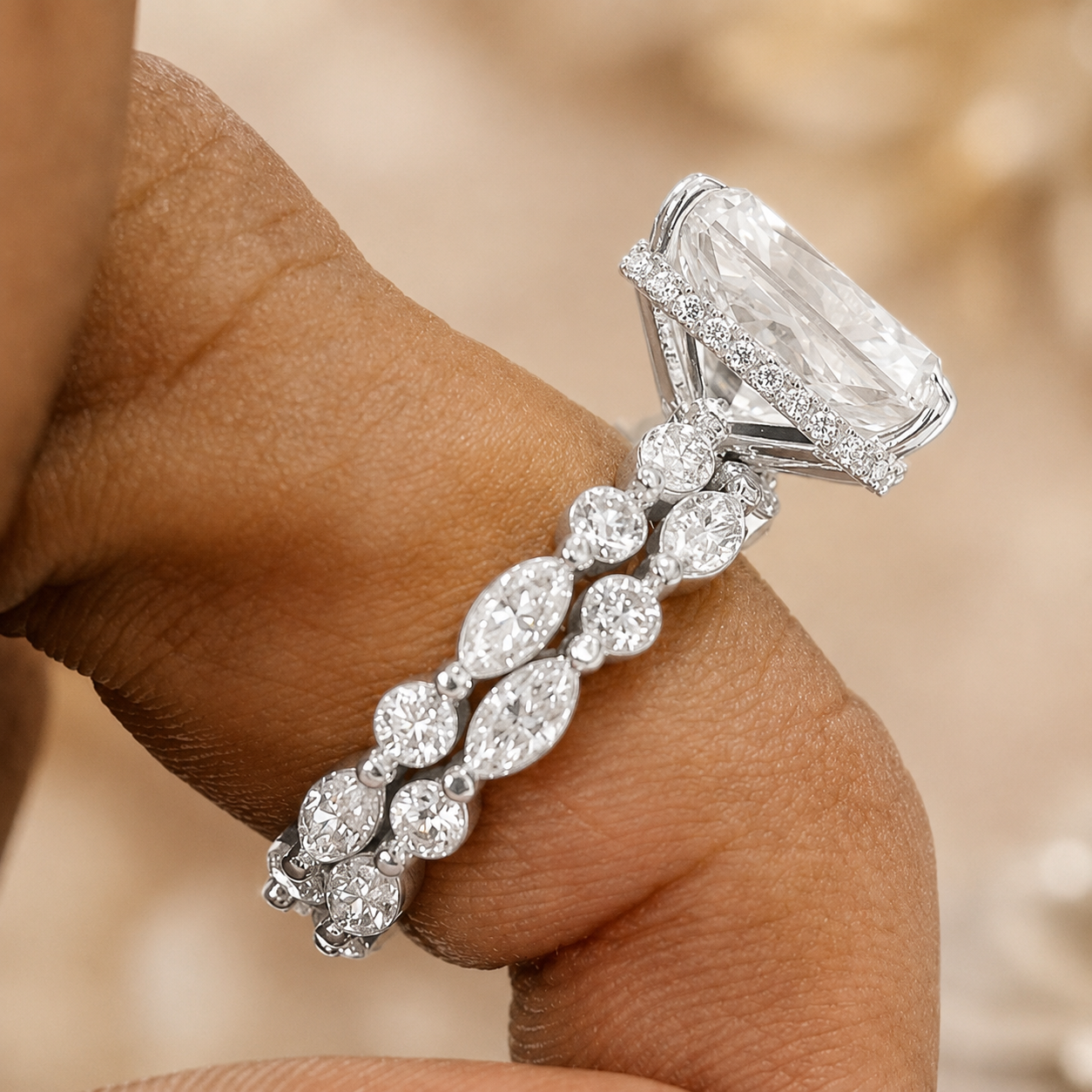4.00 CT Radiant Cut Lab-Grown Diamond 2PCS Hidden Halo Bridal Set in 14K White Gold – Marquise Full Eternity Wedding Band Design