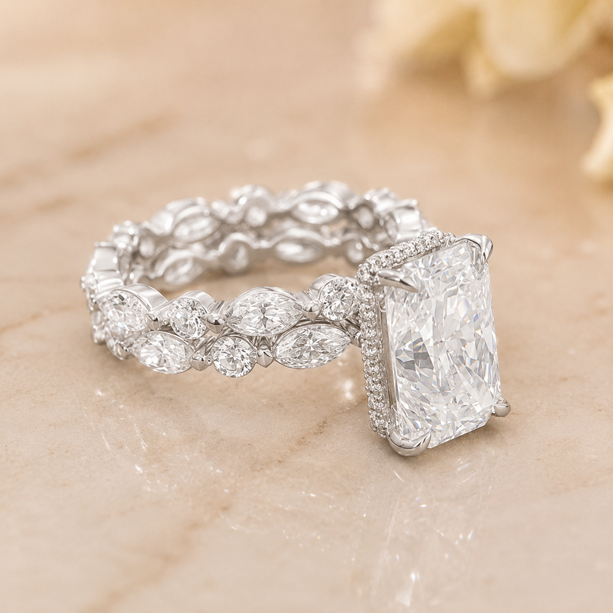 4.00 CT Radiant Cut Lab-Grown Diamond 2PCS Hidden Halo Bridal Set in 14K White Gold – Marquise Full Eternity Wedding Band Design