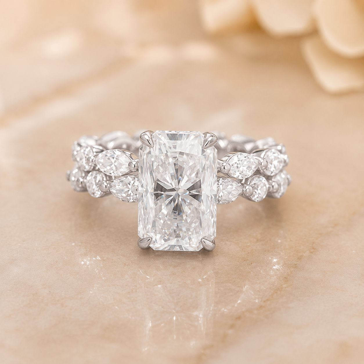4.00 CT Radiant Cut Lab-Grown Diamond 2PCS Hidden Halo Bridal Set in 14K White Gold – Marquise Full Eternity Wedding Band Design