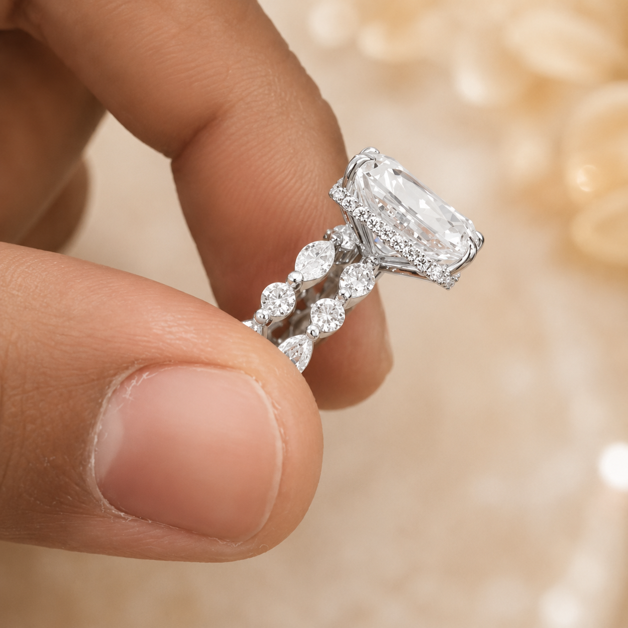 4.00 CT Radiant Cut Lab-Grown Diamond 2PCS Hidden Halo Bridal Set in 14K White Gold – Marquise Full Eternity Wedding Band Design