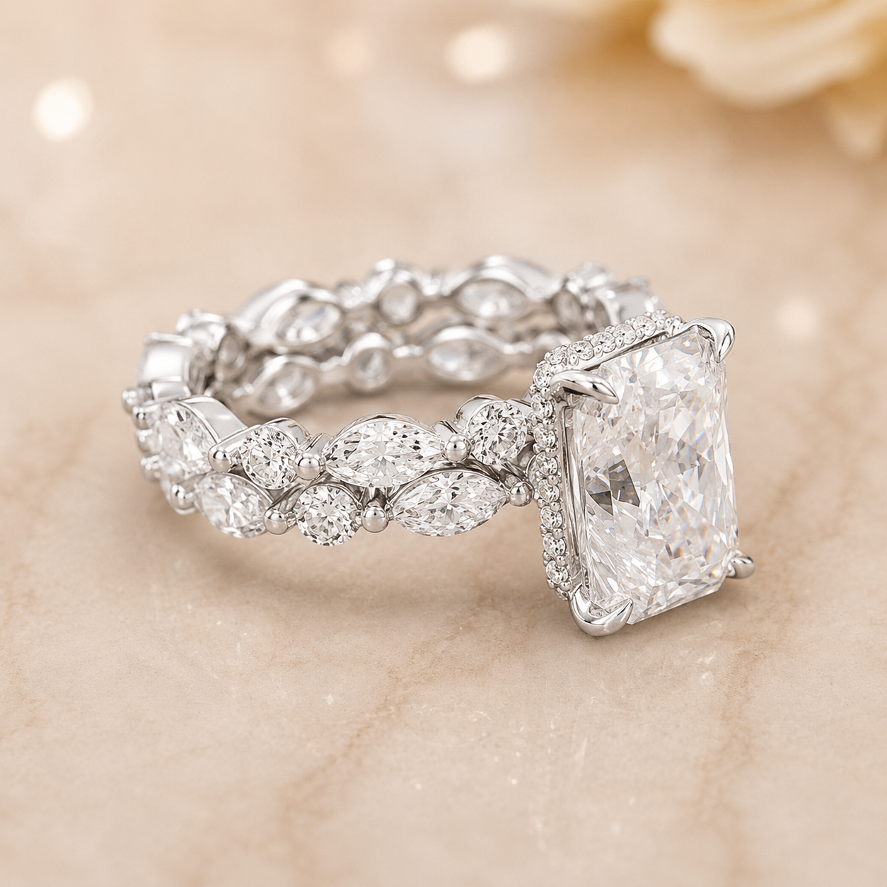 4.00 CT Radiant Cut Lab-Grown Diamond 2PCS Hidden Halo Bridal Set in 14K White Gold – Marquise Full Eternity Wedding Band Design