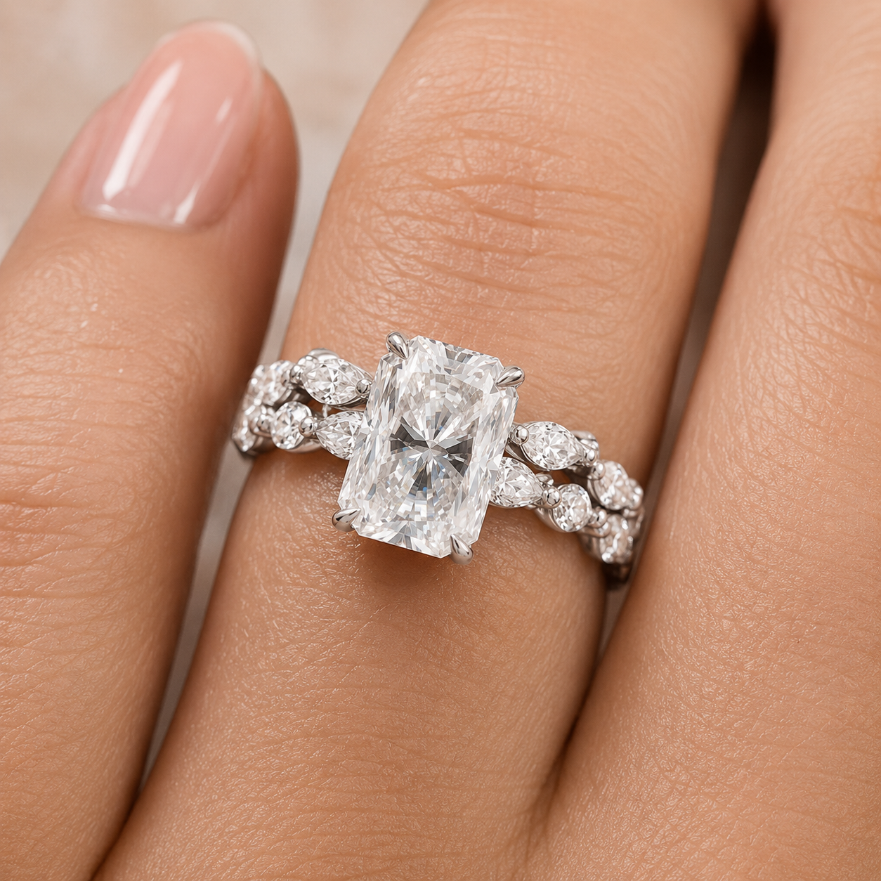 4.00 CT Radiant Cut Lab-Grown Diamond 2PCS Hidden Halo Bridal Set in 14K White Gold – Marquise Full Eternity Wedding Band Design