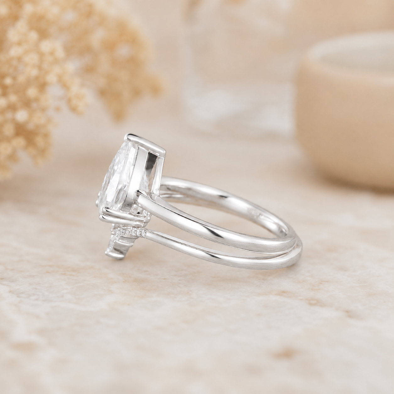 3.00 CT Pear Lab-Grown Diamond 2PCS Bridal Set in 14K White Gold – Minimalist Engagement Ring & Matching Wedding Band