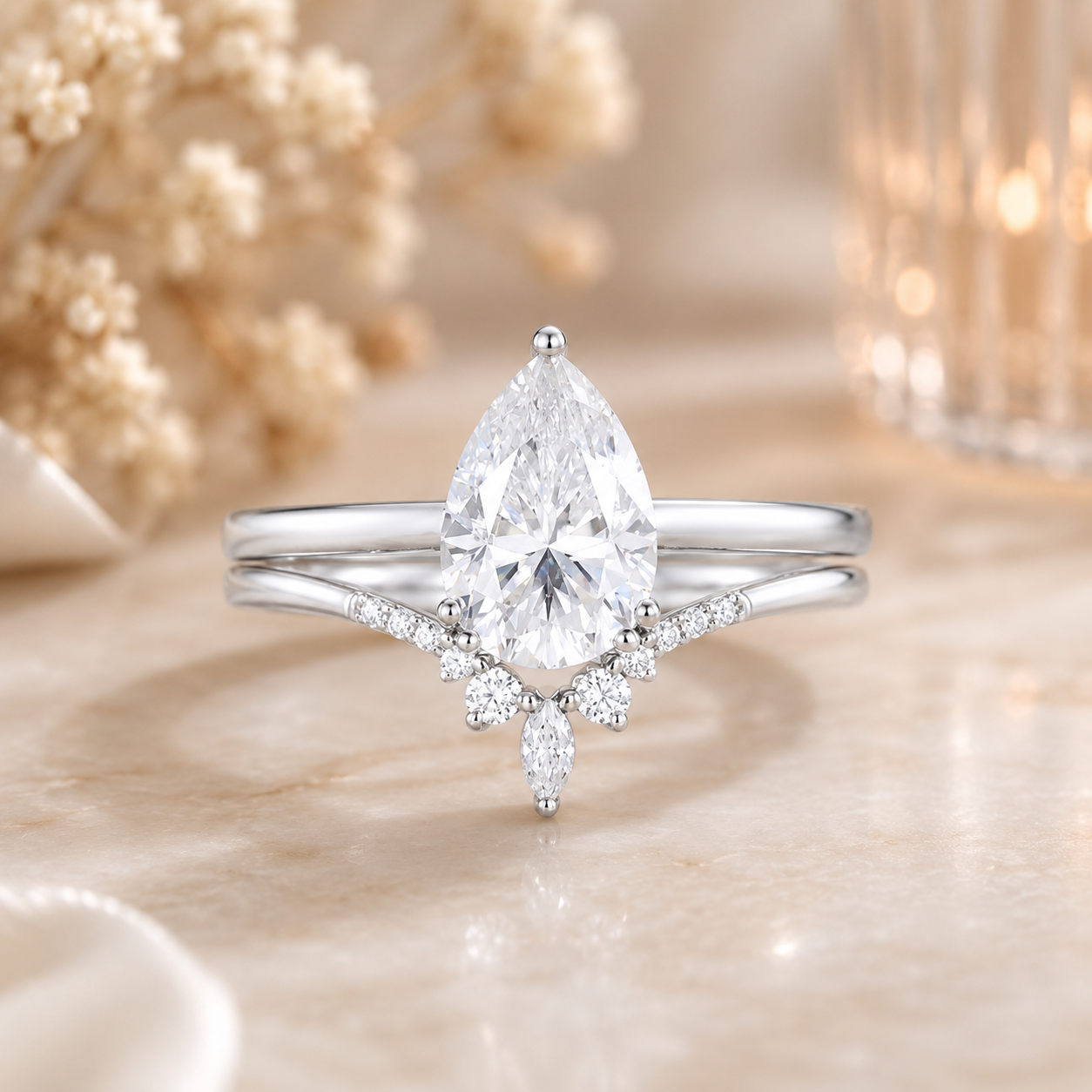 3.00 CT Pear Lab-Grown Diamond 2PCS Bridal Set in 14K White Gold – Minimalist Engagement Ring & Matching Wedding Band
