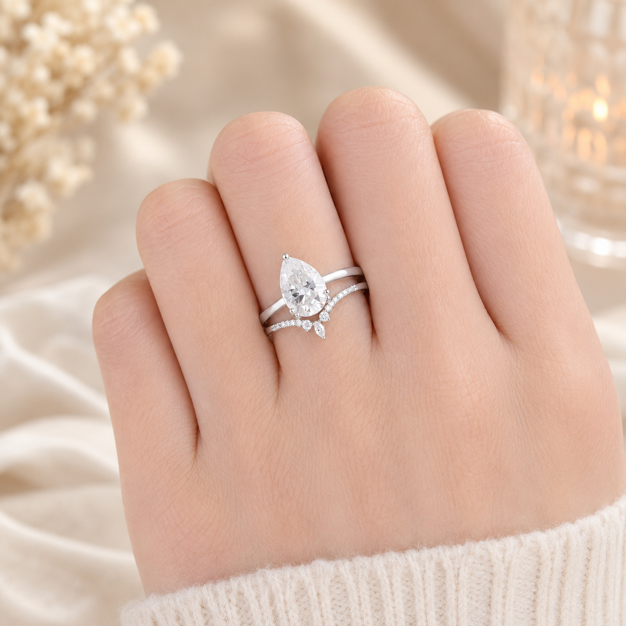 3.00 CT Pear Lab-Grown Diamond 2PCS Bridal Set in 14K White Gold – Minimalist Engagement Ring & Matching Wedding Band