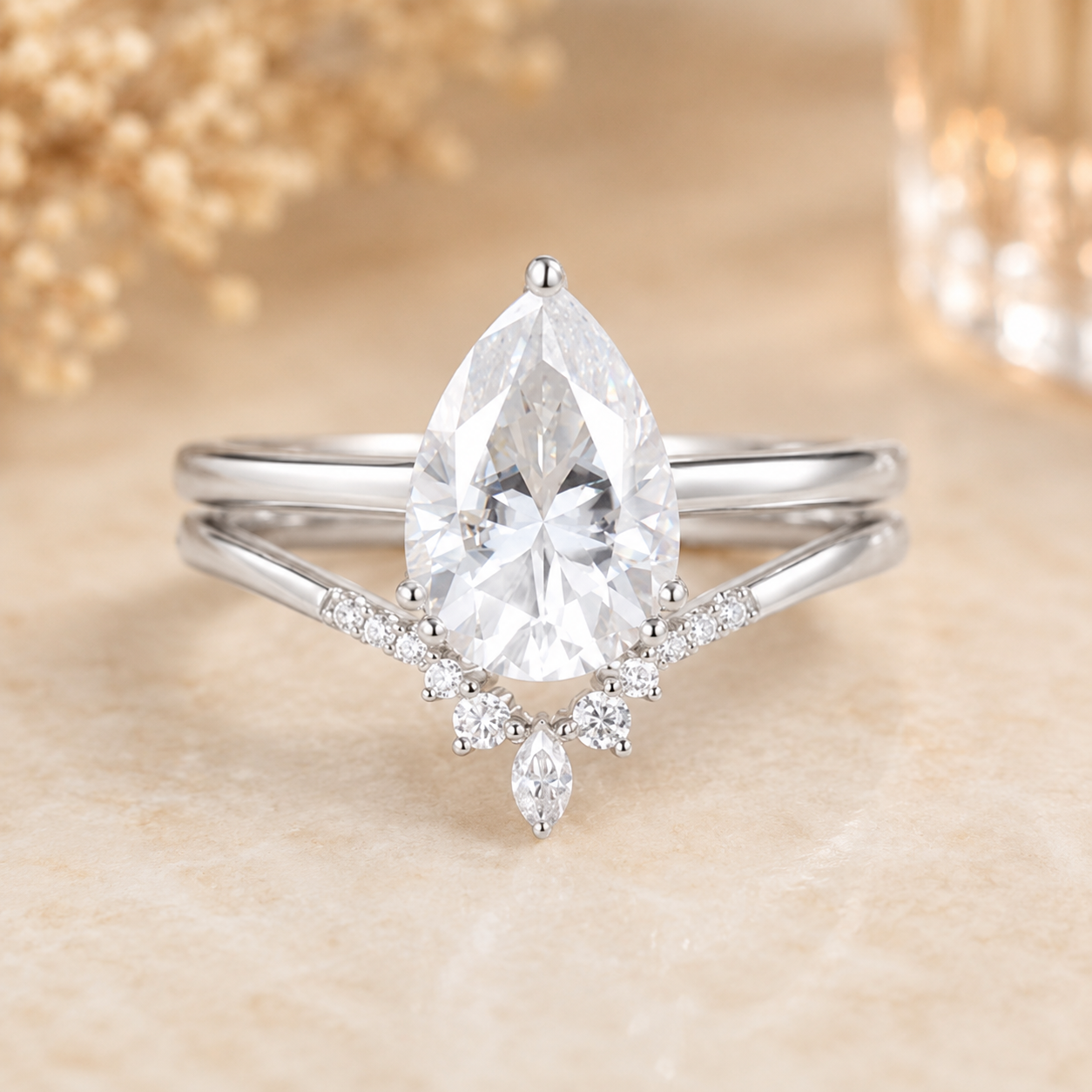 3.00 CT Pear Lab-Grown Diamond 2PCS Bridal Set in 14K White Gold – Minimalist Engagement Ring & Matching Wedding Band