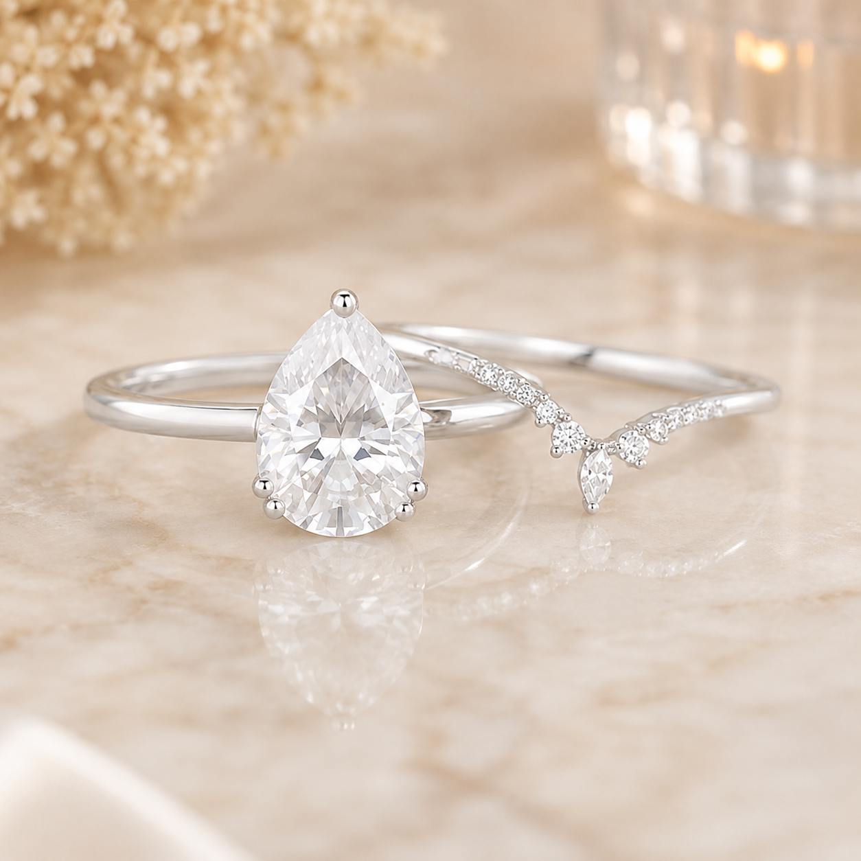 3.00 CT Pear Lab-Grown Diamond 2PCS Bridal Set in 14K White Gold – Minimalist Engagement Ring & Matching Wedding Band