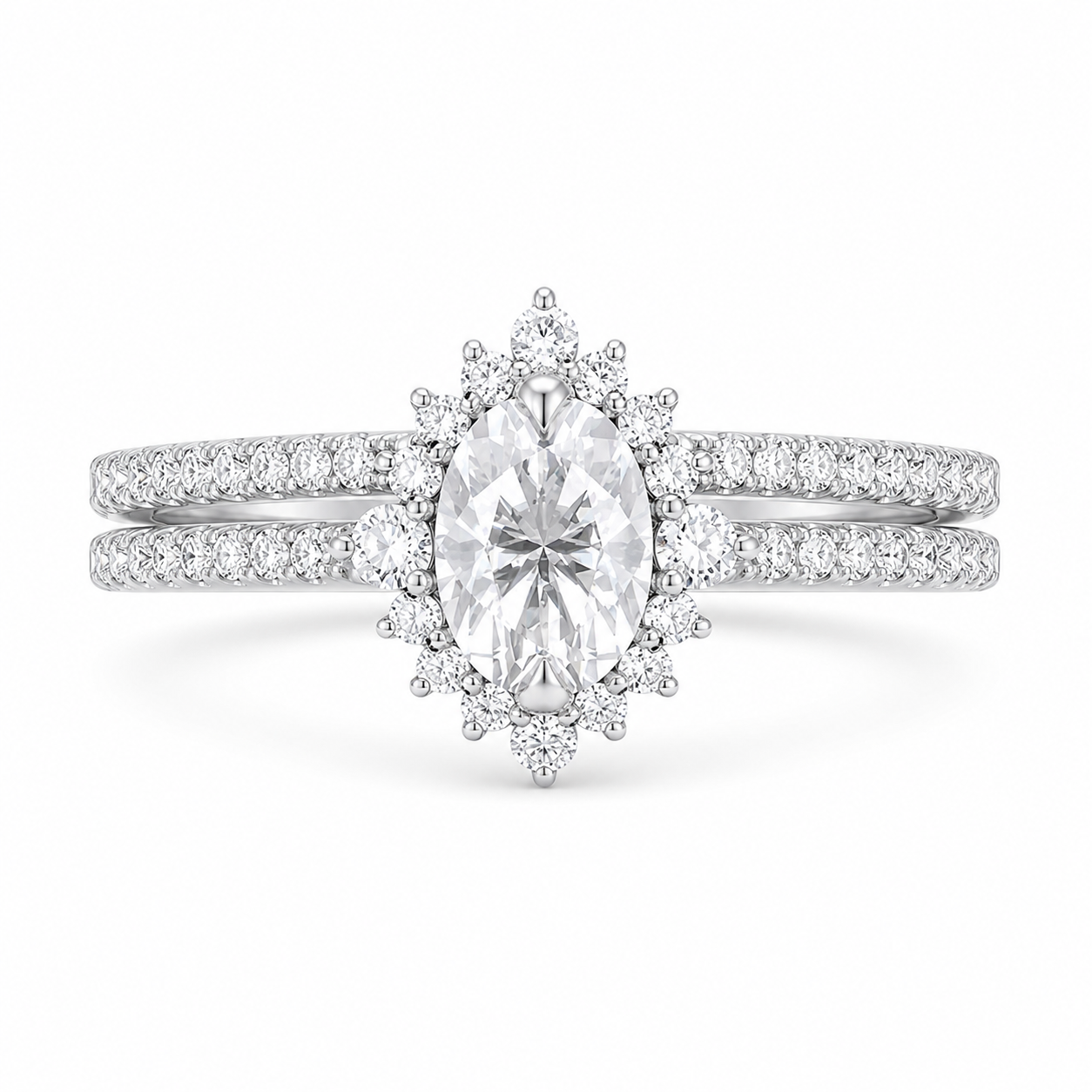 2.00 CT Oval Lab-Grown Diamond Halo 2PCS Bridal Set in 14K White Gold – Eternity Wedding Band Design