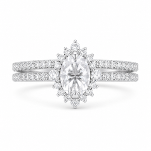 2.00 CT Oval Lab-Grown Diamond Halo 2PCS Bridal Set in 14K White Gold – Eternity Wedding Band Design
