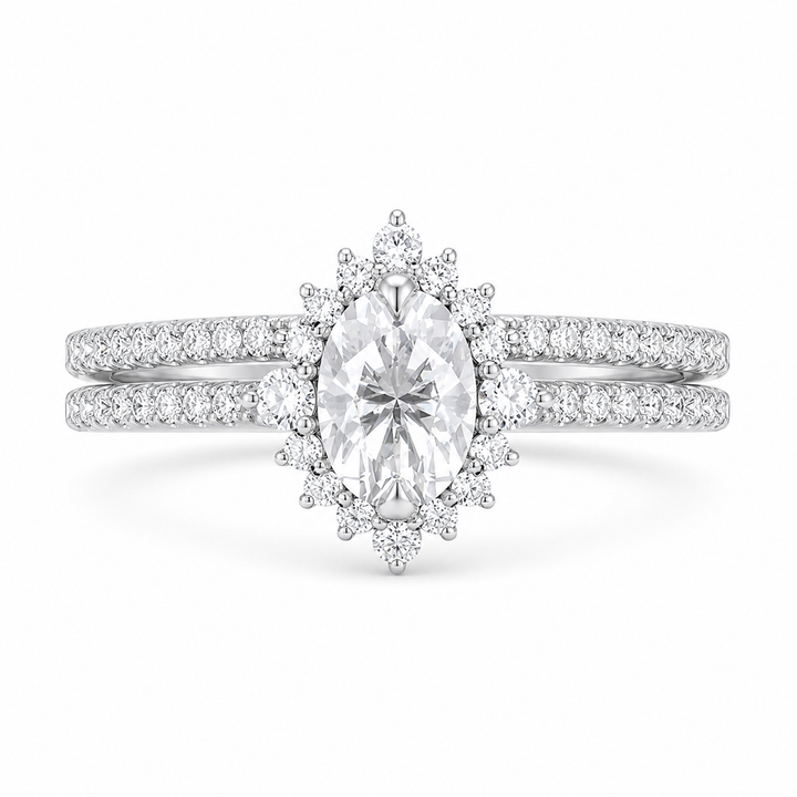 2.00 CT Oval Lab-Grown Diamond Halo 2PCS Bridal Set in 14K White Gold â€“ Eternity Wedding Band Design from Diamond Studio