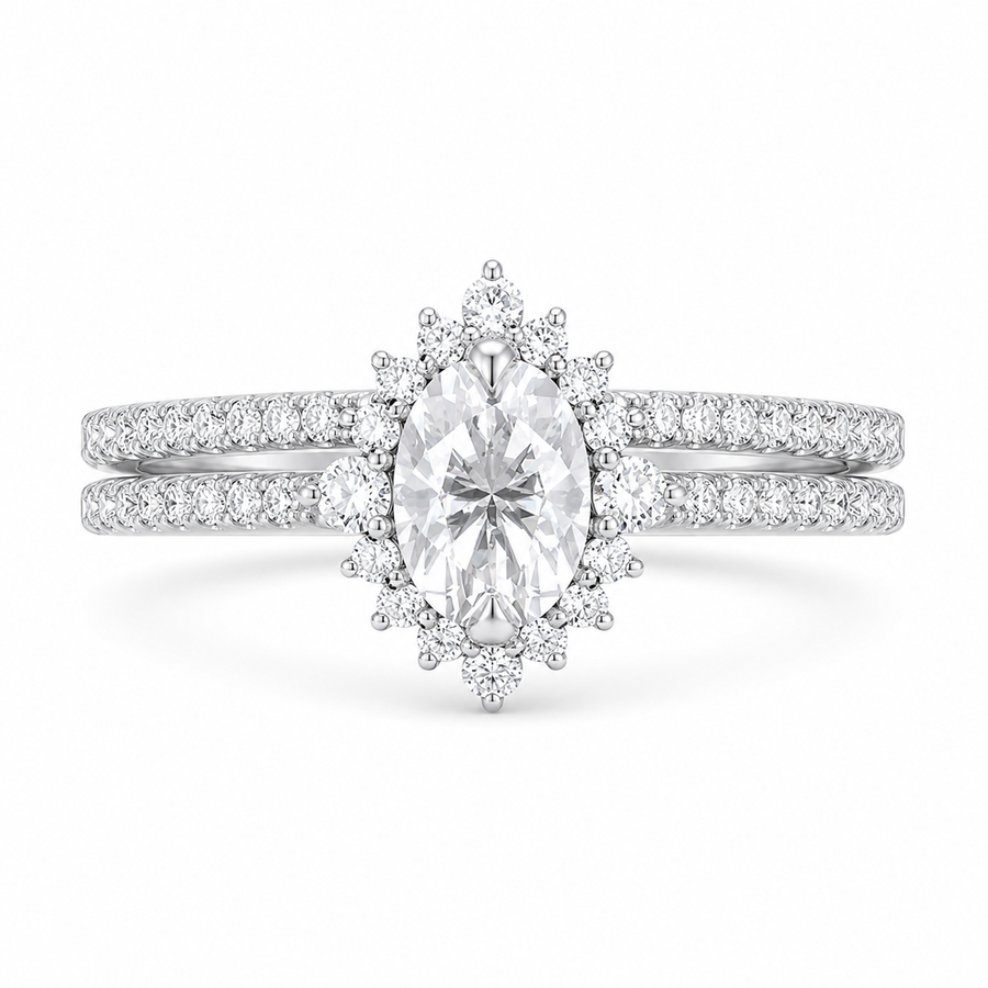 2.00 CT Oval Lab-Grown Diamond Halo 2PCS Bridal Set in 14K White Gold – Eternity Wedding Band Design