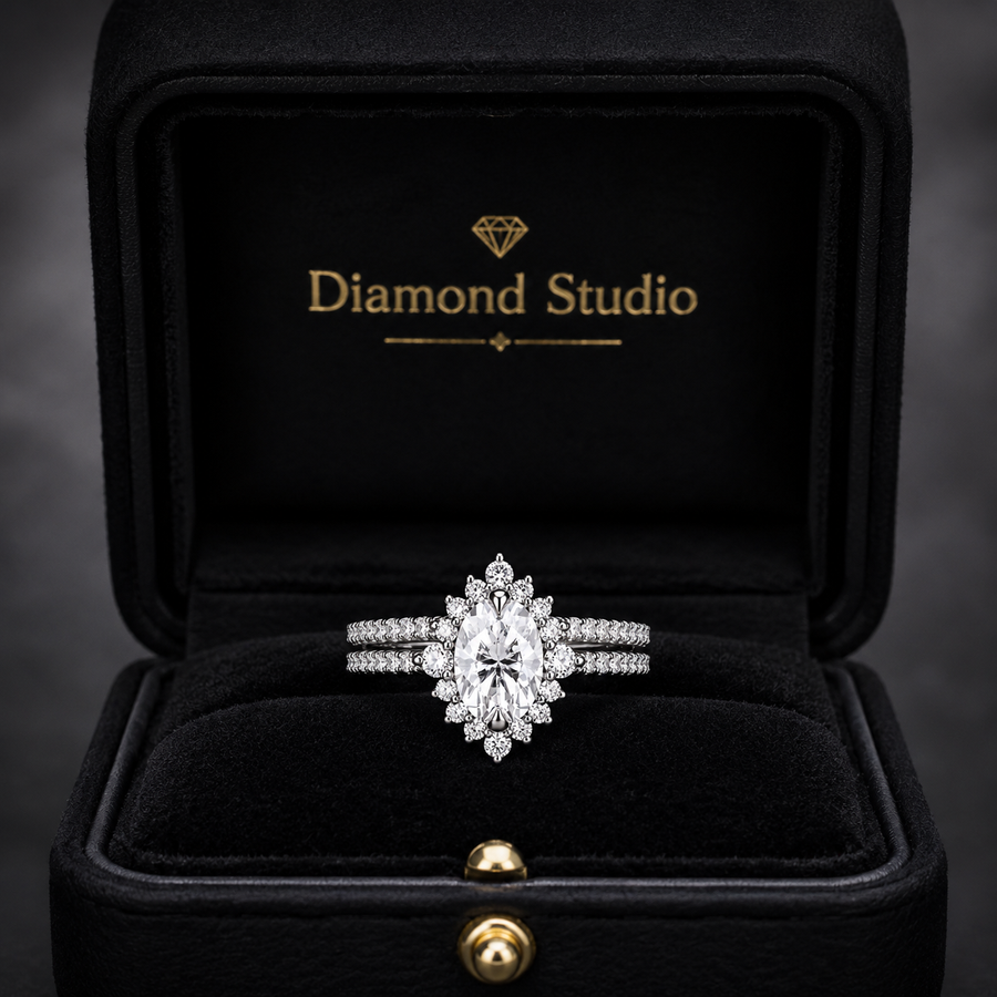 2.00 CT Oval Lab-Grown Diamond Halo 2PCS Bridal Set in 14K White Gold – Eternity Wedding Band Design