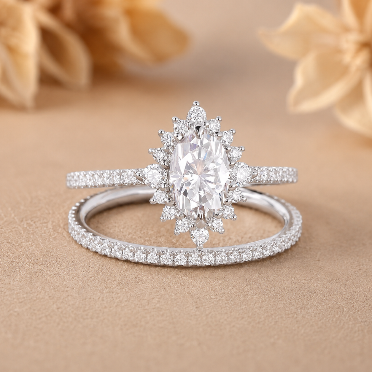 2.00 CT Oval Lab-Grown Diamond Halo 2PCS Bridal Set in 14K White Gold – Eternity Wedding Band Design