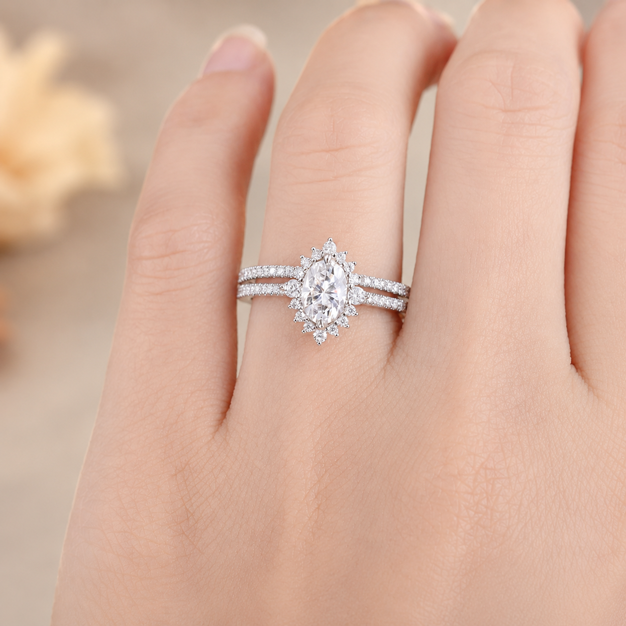 2.00 CT Oval Lab-Grown Diamond Halo 2PCS Bridal Set in 14K White Gold – Eternity Wedding Band Design