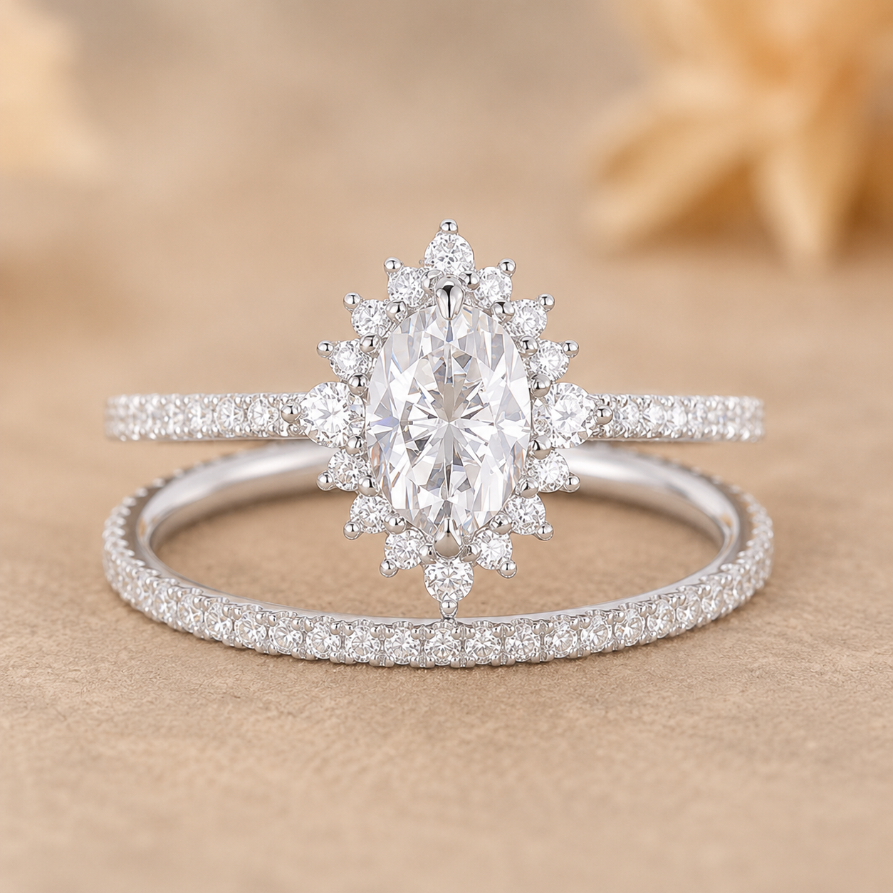 2.00 CT Oval Lab-Grown Diamond Halo 2PCS Bridal Set in 14K White Gold – Eternity Wedding Band Design