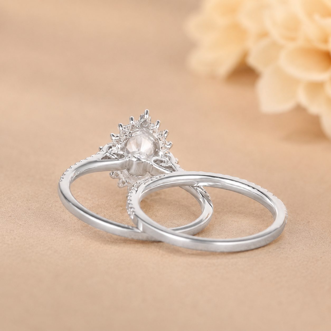 2.00 CT Oval Lab-Grown Diamond Halo 2PCS Bridal Set in 14K White Gold – Eternity Wedding Band Design