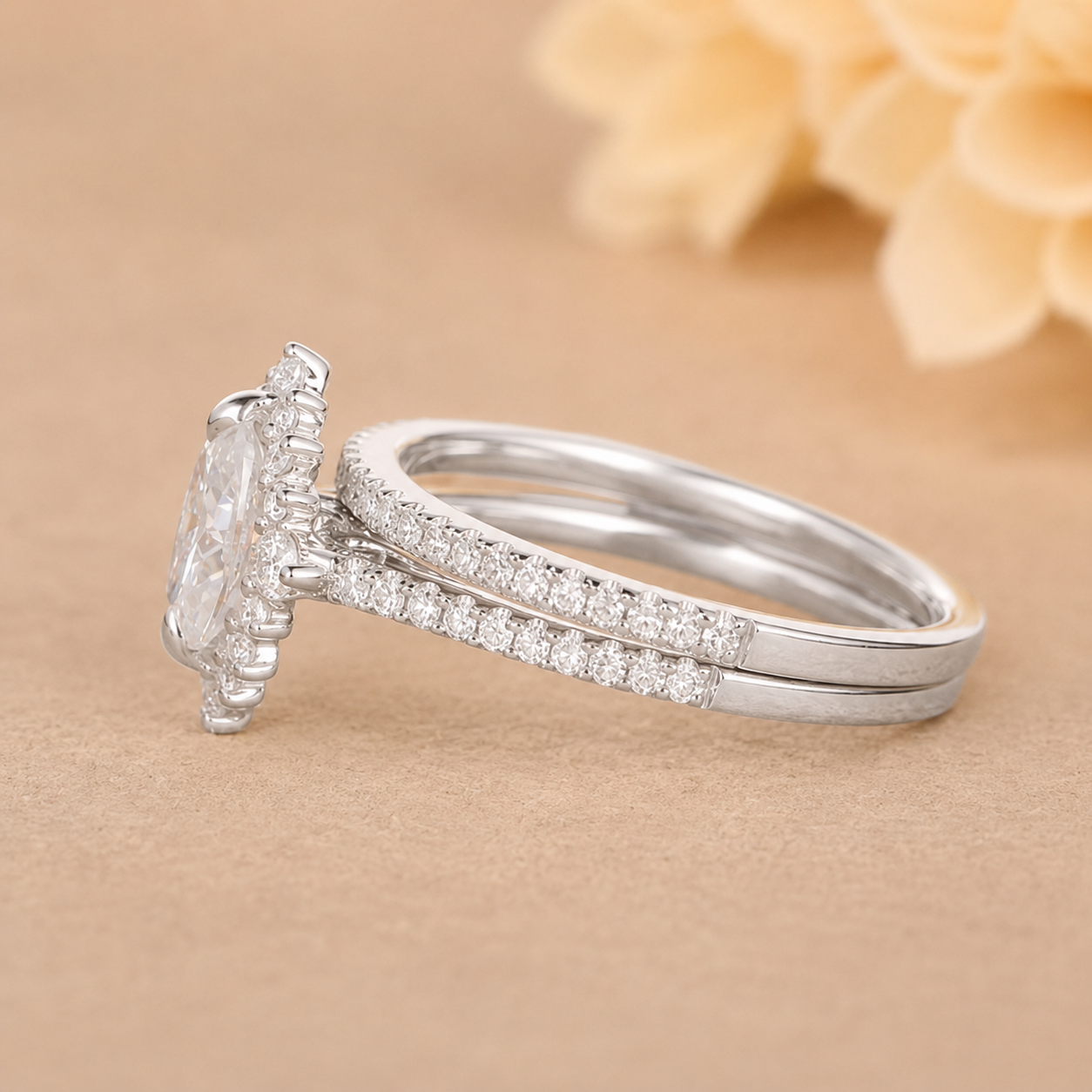 2.00 CT Oval Lab-Grown Diamond Halo 2PCS Bridal Set in 14K White Gold – Eternity Wedding Band Design
