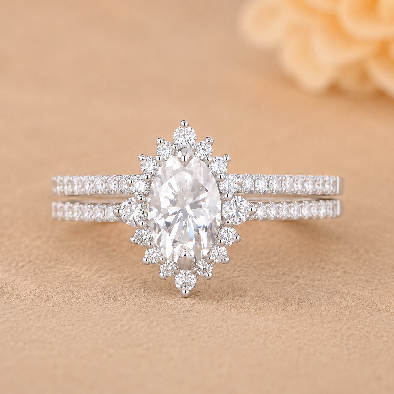 2.00 CT Oval Lab-Grown Diamond Halo 2PCS Bridal Set in 14K White Gold – Eternity Wedding Band Design