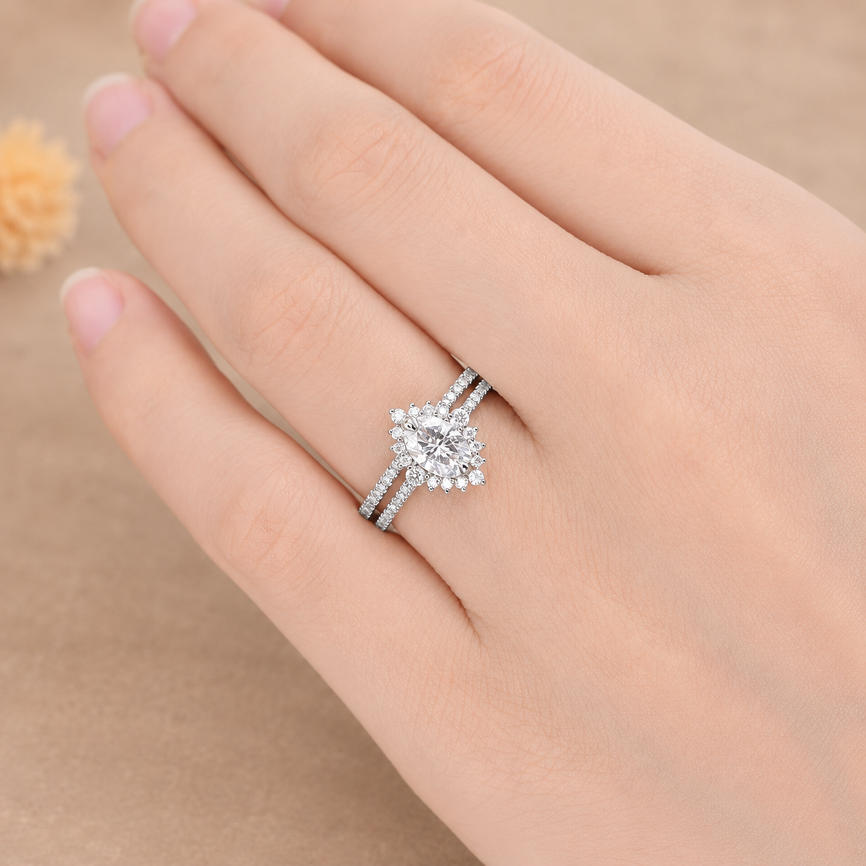 2.00 CT Oval Lab-Grown Diamond Halo 2PCS Bridal Set in 14K White Gold – Eternity Wedding Band Design