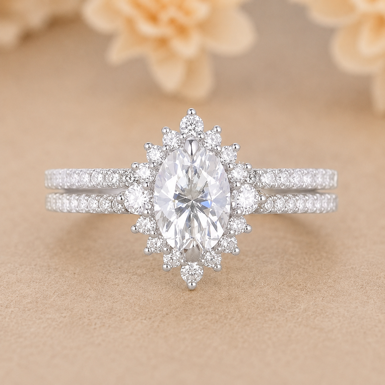 2.00 CT Oval Lab-Grown Diamond Halo 2PCS Bridal Set in 14K White Gold – Eternity Wedding Band Design