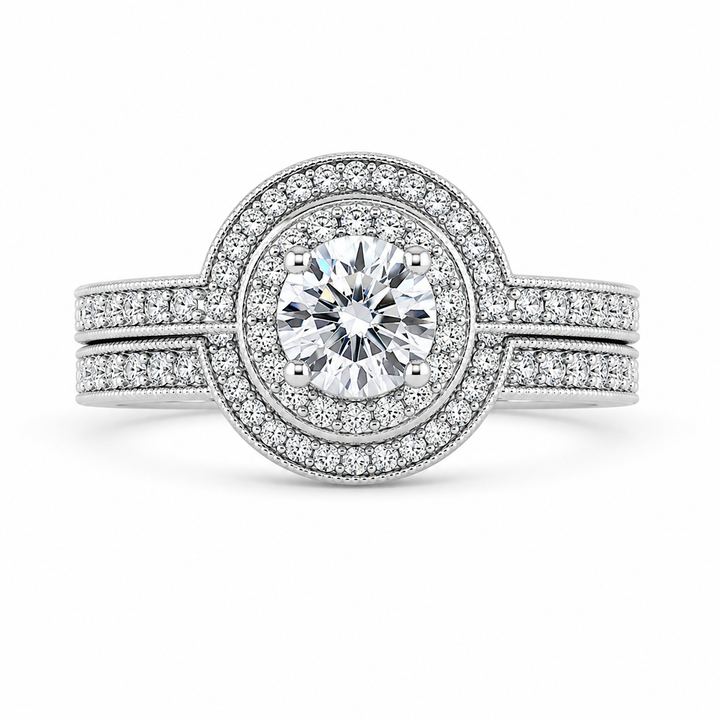 1.80 CT Round Lab-Grown Diamond Halo 2PCS Bridal Set in 14K White Gold â€“ Luxury Wedding Ring Design from Diamond Studio