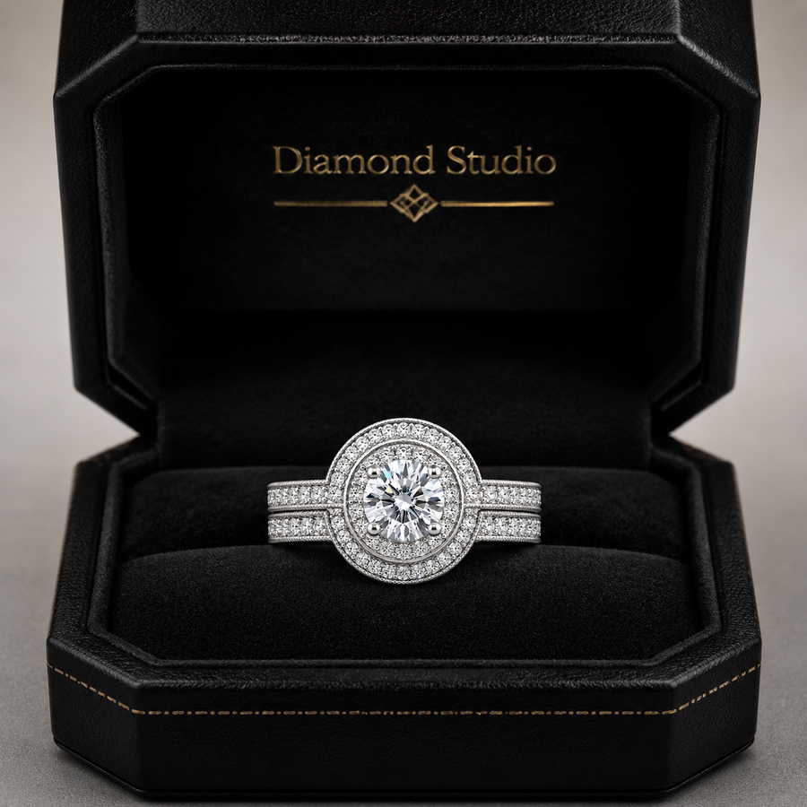 1.80 CT Round Lab-Grown Diamond Halo 2PCS Bridal Set in 14K White Gold – Luxury Wedding Ring Design