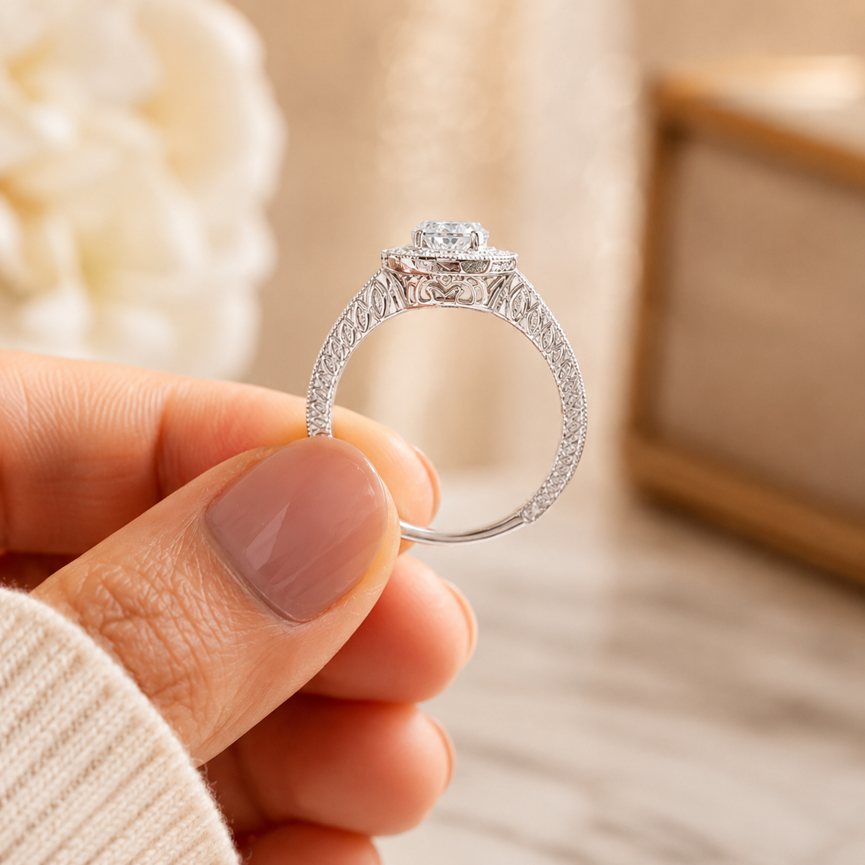 1.80 CT Round Lab-Grown Diamond Halo 2PCS Bridal Set in 14K White Gold – Luxury Wedding Ring Design