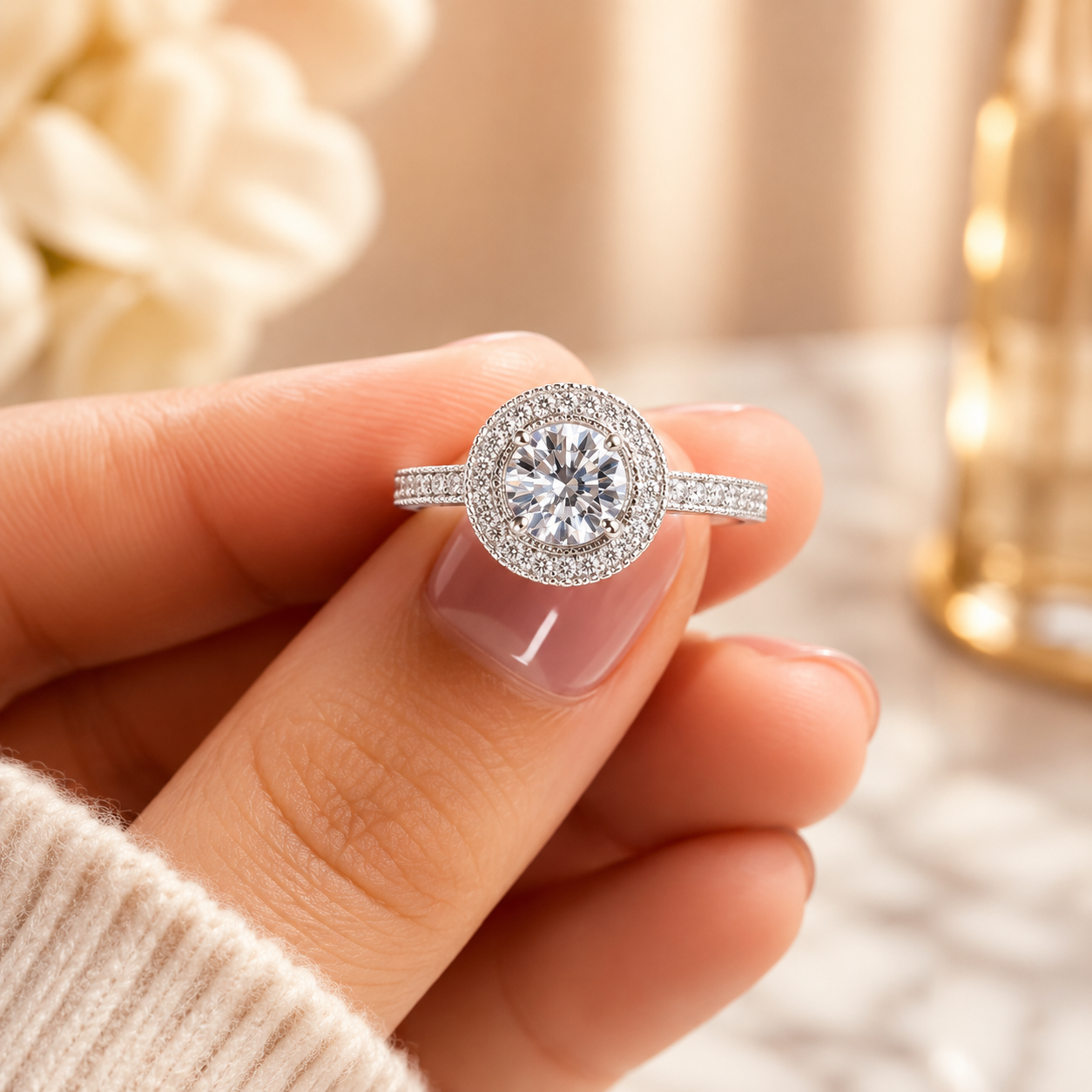 1.80 CT Round Lab-Grown Diamond Halo 2PCS Bridal Set in 14K White Gold – Luxury Wedding Ring Design