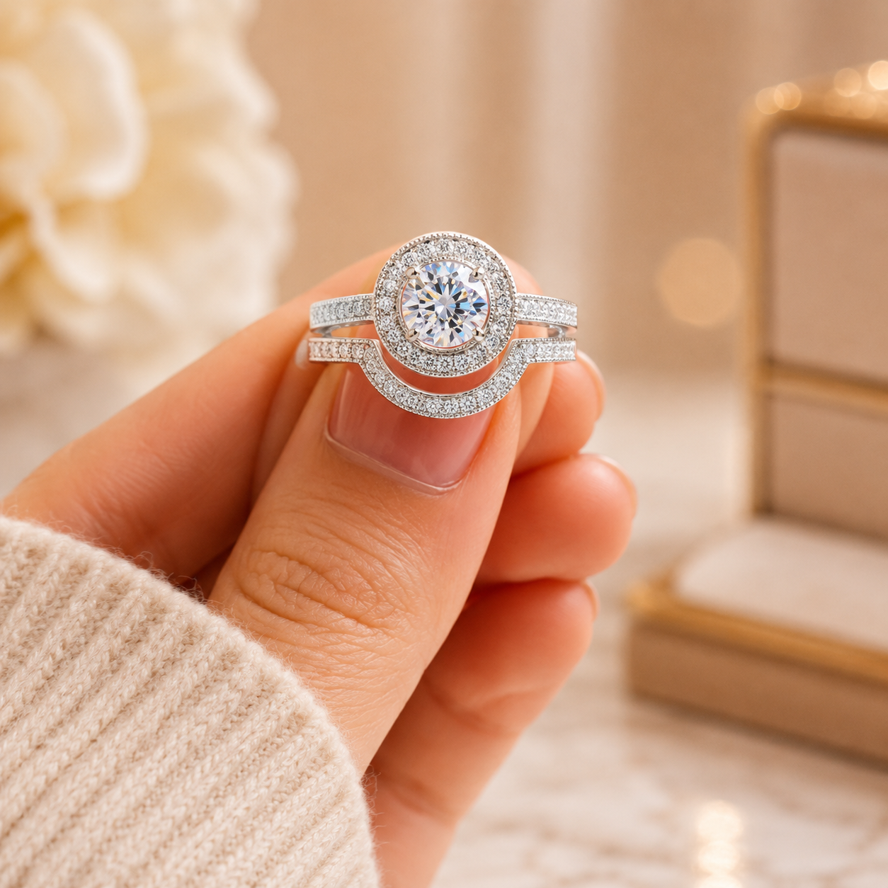 1.80 CT Round Lab-Grown Diamond Halo 2PCS Bridal Set in 14K White Gold – Luxury Wedding Ring Design