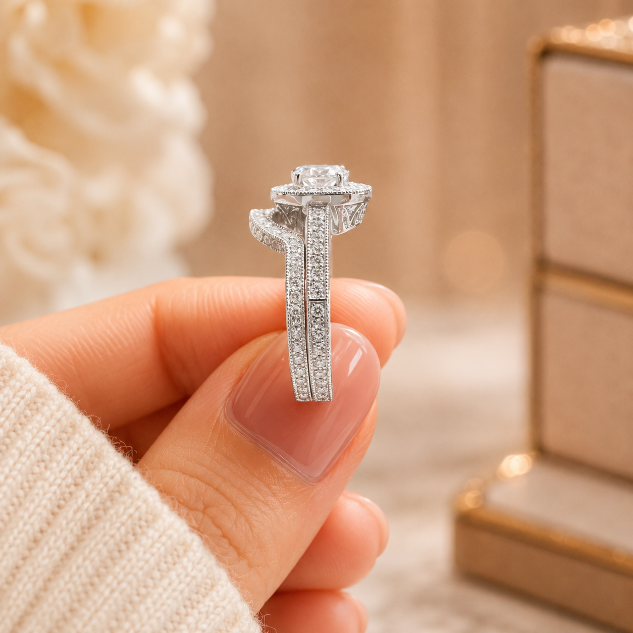 1.80 CT Round Lab-Grown Diamond Halo 2PCS Bridal Set in 14K White Gold – Luxury Wedding Ring Design