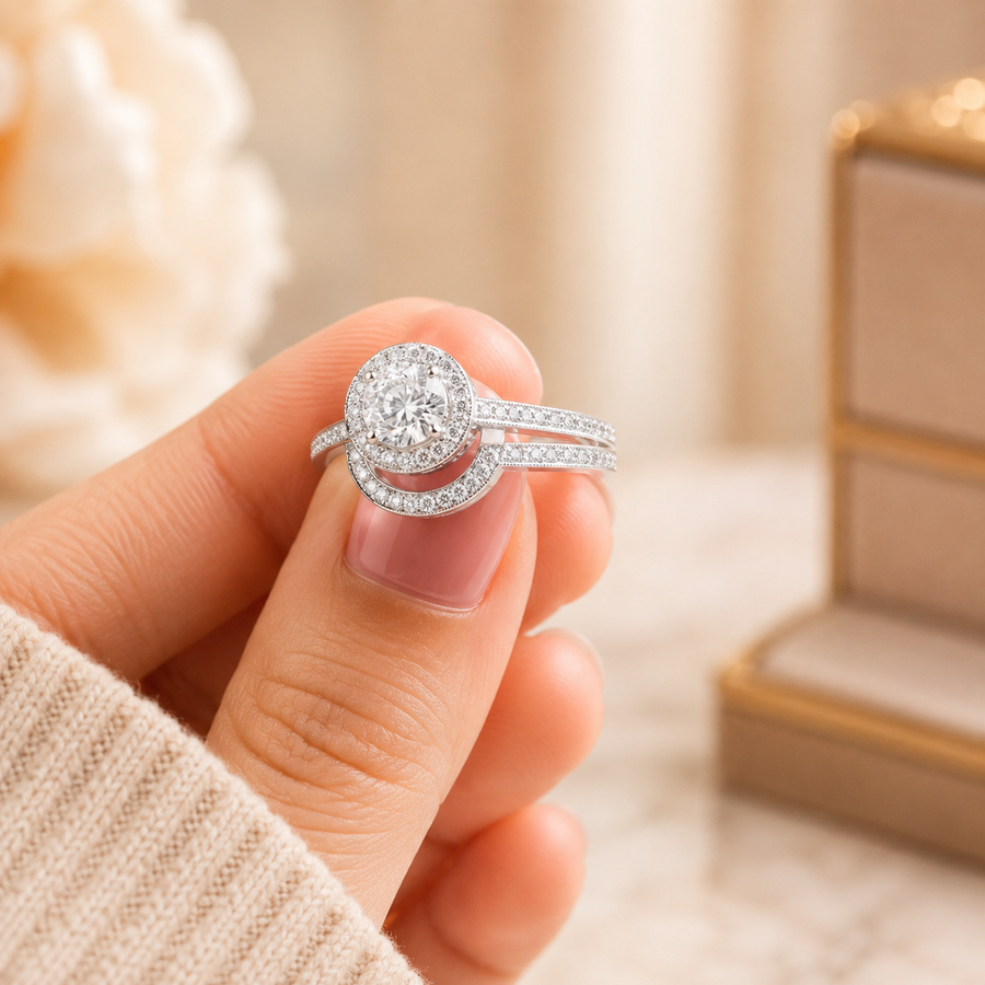 1.80 CT Round Lab-Grown Diamond Halo 2PCS Bridal Set in 14K White Gold – Luxury Wedding Ring Design