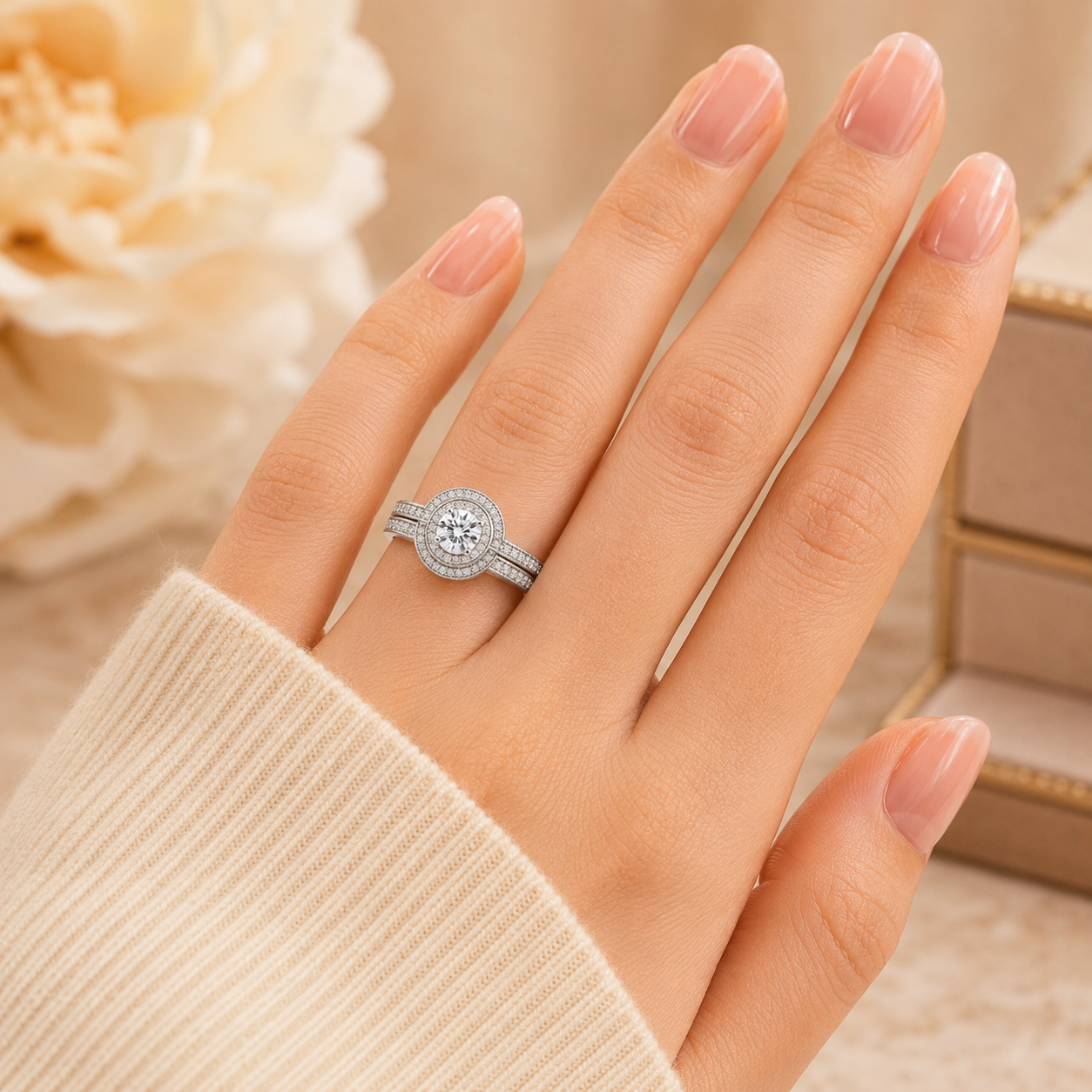 1.80 CT Round Lab-Grown Diamond Halo 2PCS Bridal Set in 14K White Gold – Luxury Wedding Ring Design
