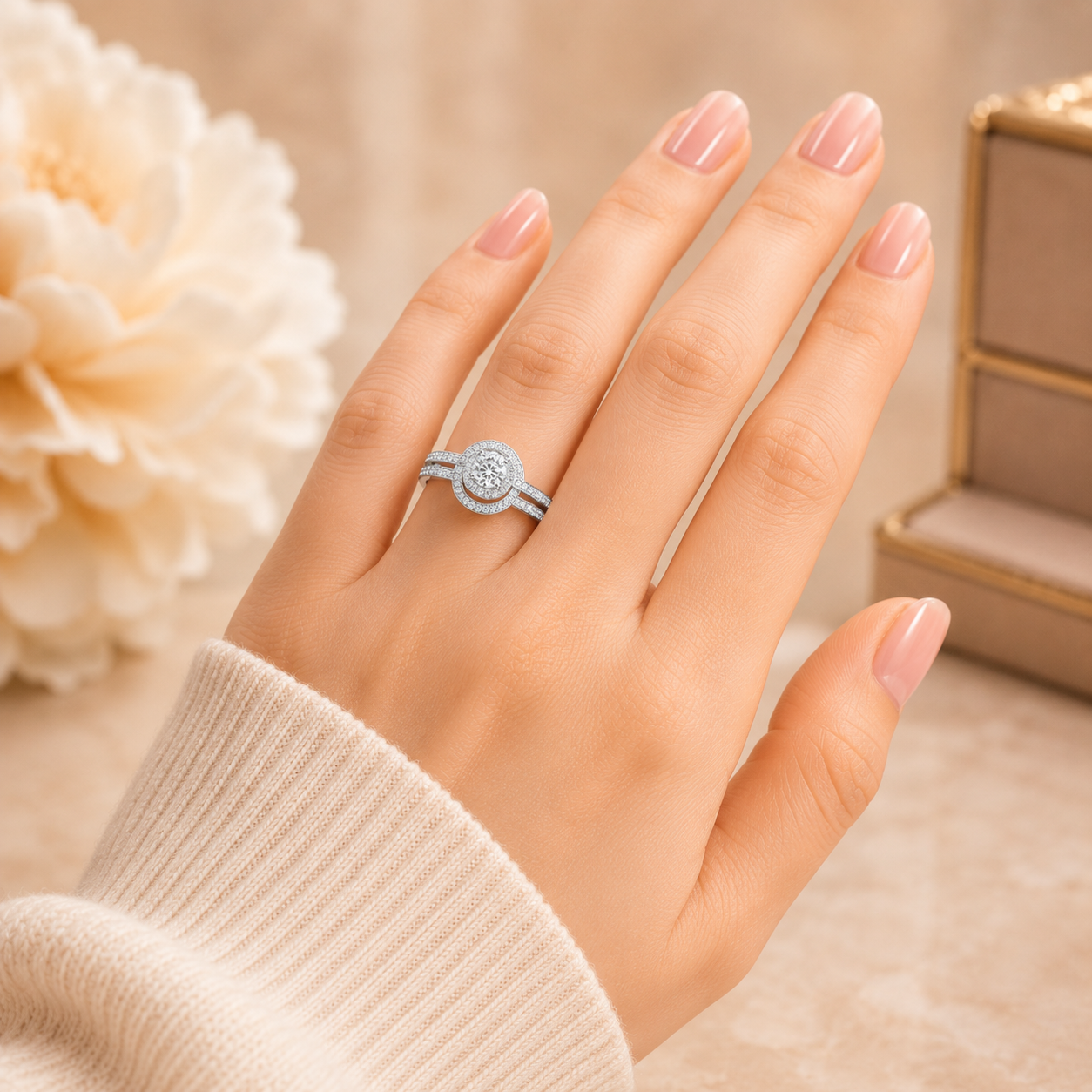1.80 CT Round Lab-Grown Diamond Halo 2PCS Bridal Set in 14K White Gold – Luxury Wedding Ring Design