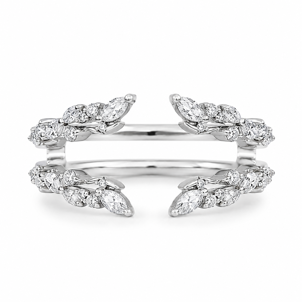 2.30 CT Marquise Lab-Grown Diamond 2PCS Bridal Set in 14K White Gold – Double Enhancer Leaf Fairy Wedding Band Design