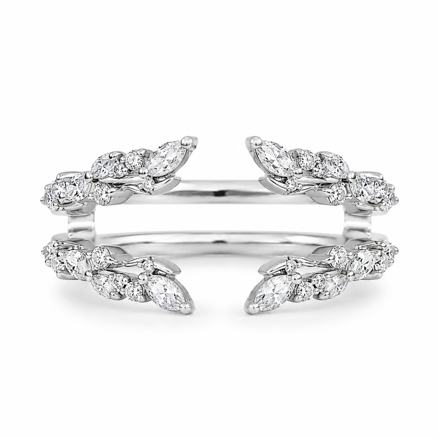 2.30 CT Marquise Lab-Grown Diamond 2PCS Bridal Set in 14K White Gold – Double Enhancer Leaf Fairy Wedding Band Design