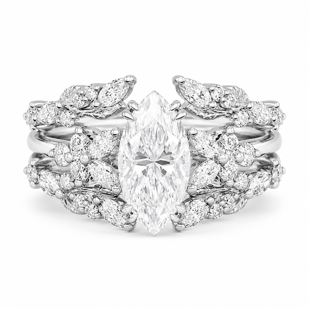2.30 CT Marquise Lab-Grown Diamond 2PCS Bridal Set in 14K White Gold – Double Enhancer Leaf Fairy Wedding Band Design