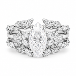 2.30 CT Marquise Lab-Grown Diamond 2PCS Bridal Set in 14K White Gold – Double Enhancer Leaf Fairy Wedding Band Design