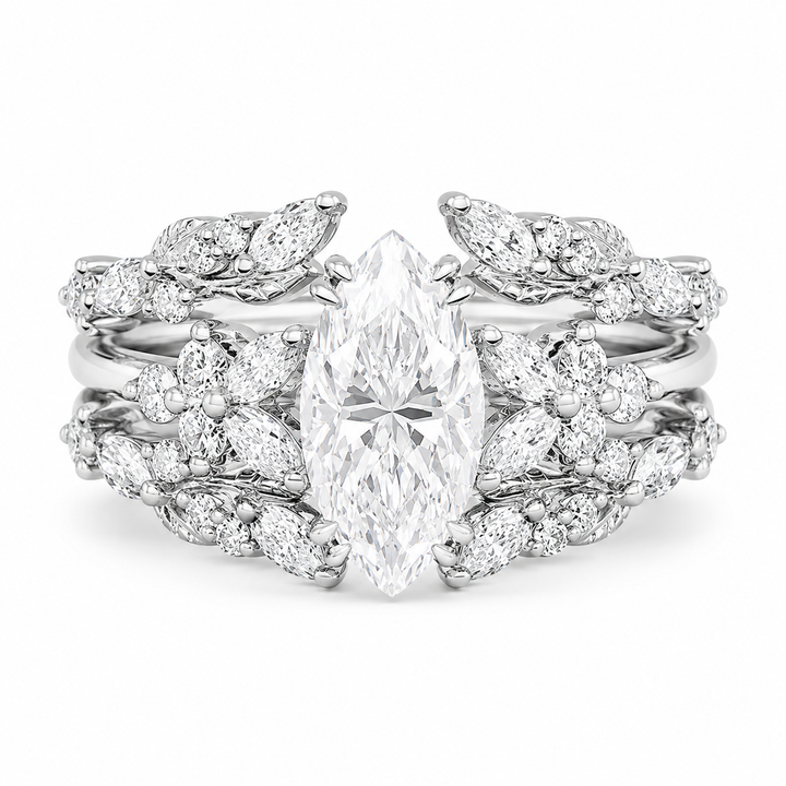 2.30 CT Marquise Lab-Grown Diamond 2PCS Bridal Set in 14K White Gold â€“ Double Enhancer Leaf Fairy Wedding Band Design from Diamond Studio