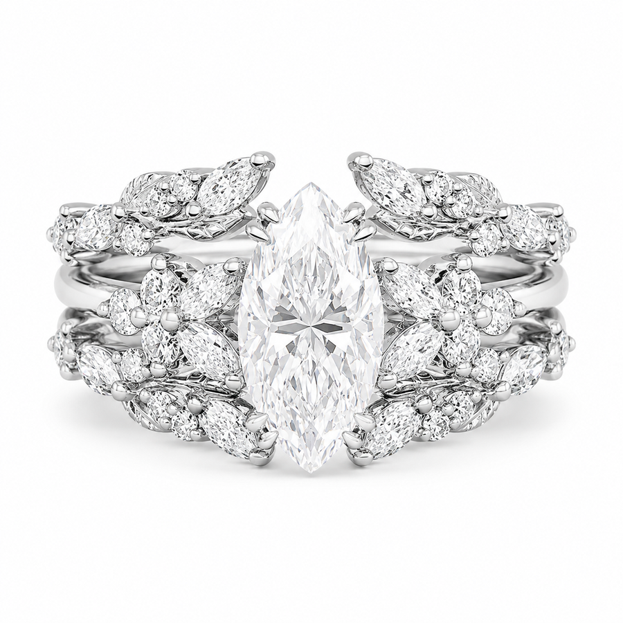 2.30 CT Marquise Lab-Grown Diamond 2PCS Bridal Set in 14K White Gold – Double Enhancer Leaf Fairy Wedding Band Design