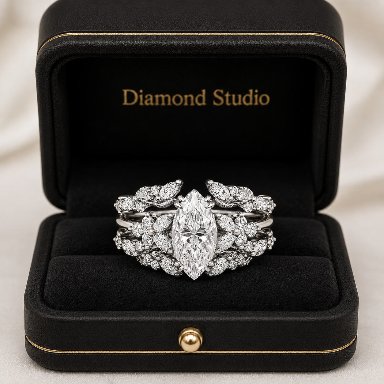 2.30 CT Marquise Lab-Grown Diamond 2PCS Bridal Set in 14K White Gold – Double Enhancer Leaf Fairy Wedding Band Design