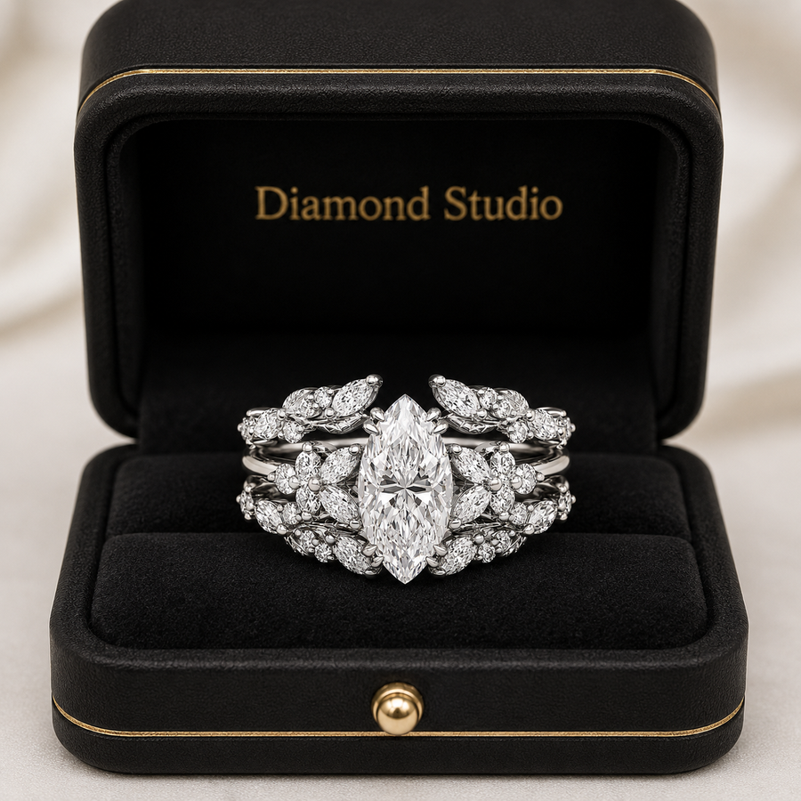 2.30 CT Marquise Lab-Grown Diamond 2PCS Bridal Set in 14K White Gold – Double Enhancer Leaf Fairy Wedding Band Design