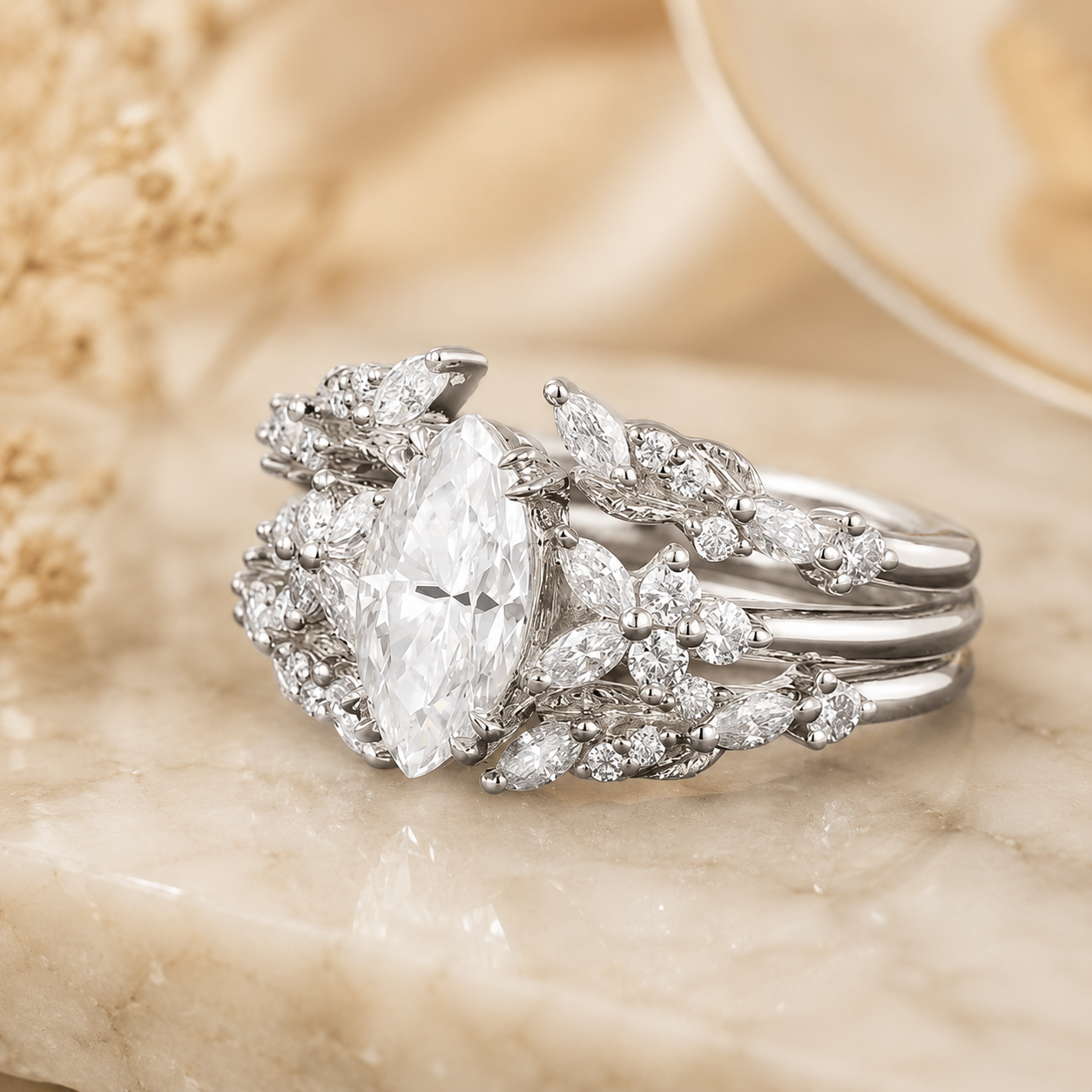 2.30 CT Marquise Lab-Grown Diamond 2PCS Bridal Set in 14K White Gold – Double Enhancer Leaf Fairy Wedding Band Design