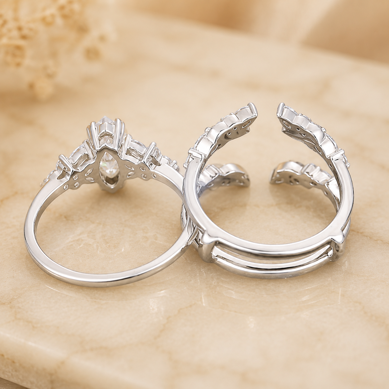 2.30 CT Marquise Lab-Grown Diamond 2PCS Bridal Set in 14K White Gold – Double Enhancer Leaf Fairy Wedding Band Design