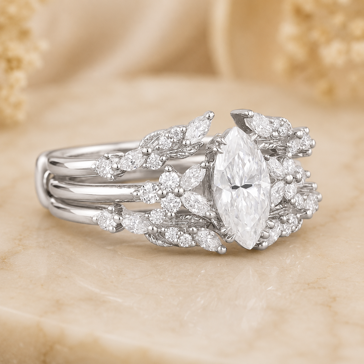 2.30 CT Marquise Lab-Grown Diamond 2PCS Bridal Set in 14K White Gold – Double Enhancer Leaf Fairy Wedding Band Design